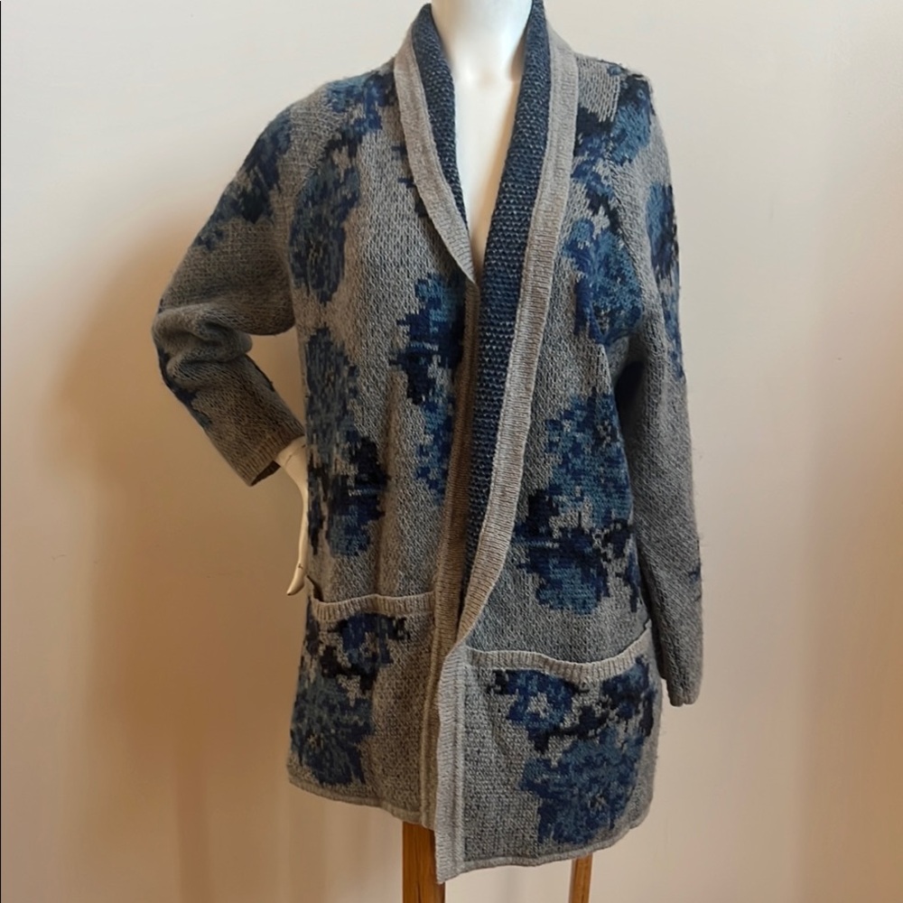 J. Jill wool blend Gray and Blue Cardigan Sweater with floral design